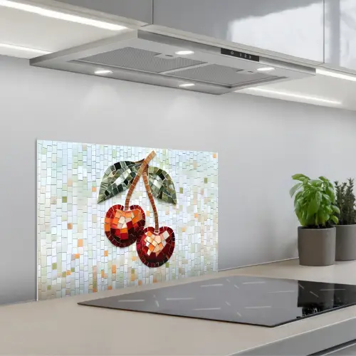 Kersen - Rood - Mozaïek - Blaadjes keuken achterwand spatscherm klein -3d_schuin