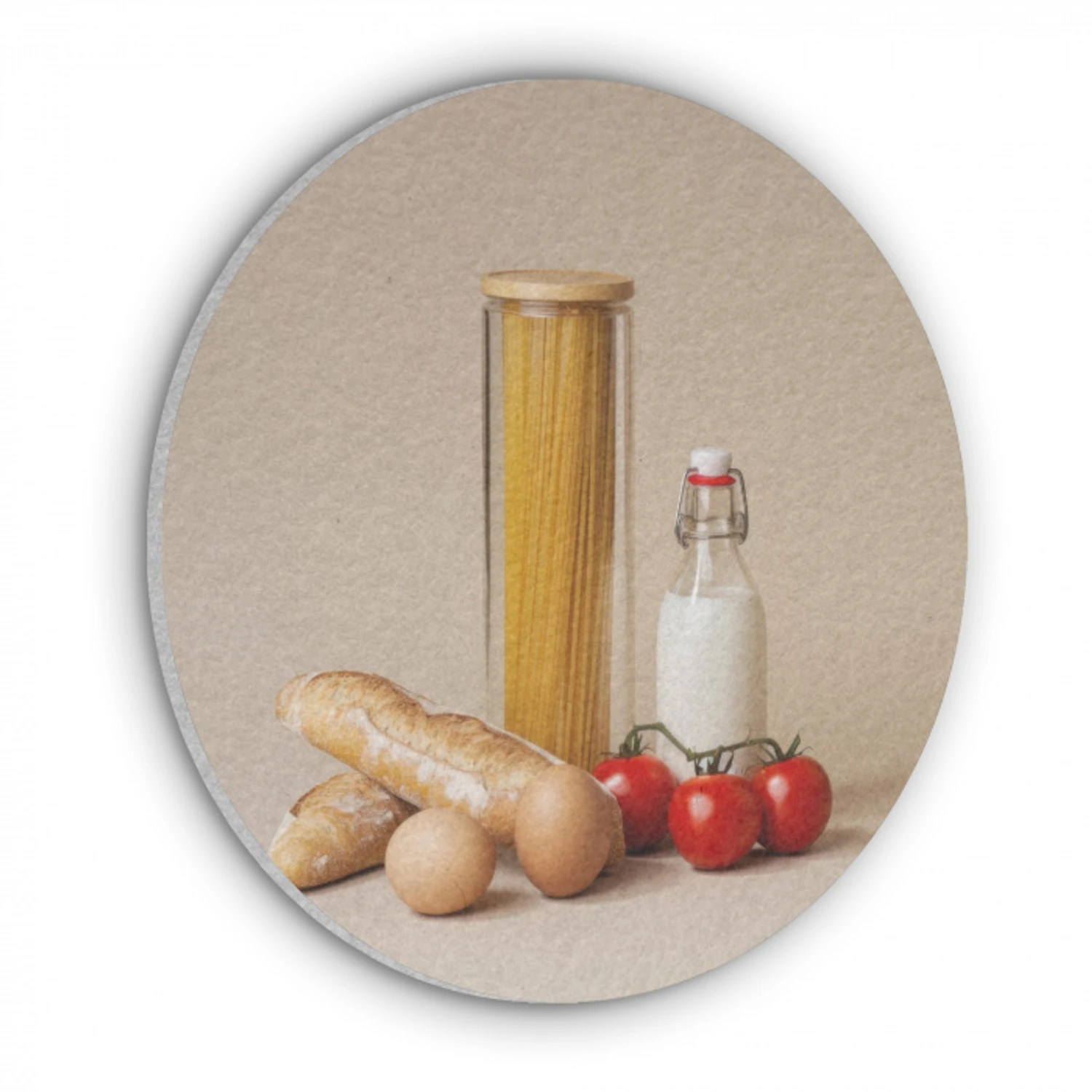 Spaghetti - Melk - Tomaten - Eieren - Brood Akoestische PET Vilt - Rond klein -3d