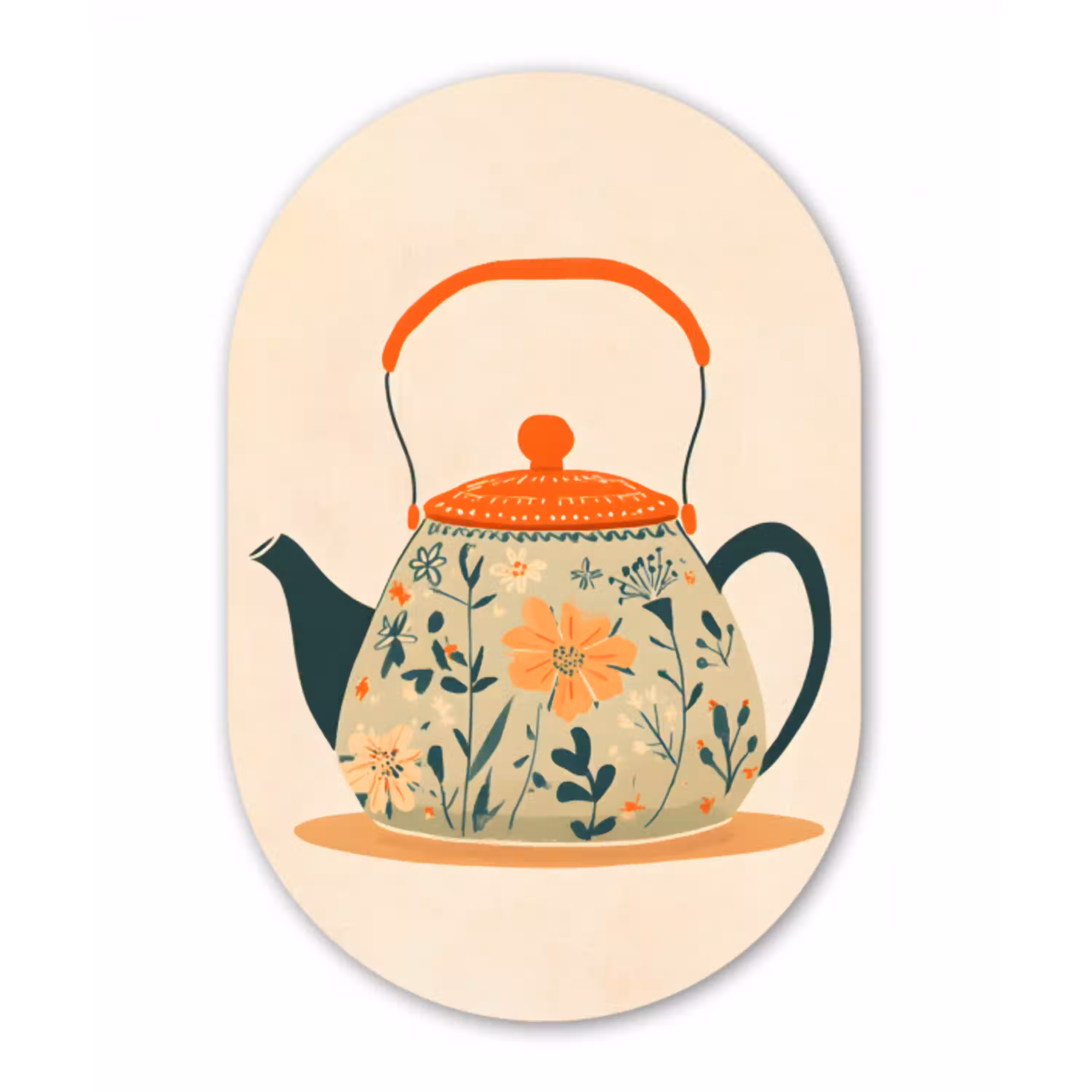 Oranje - Theepot - Bloemen - Bladeren Wandcirkel Ovaal Glas middel -3d