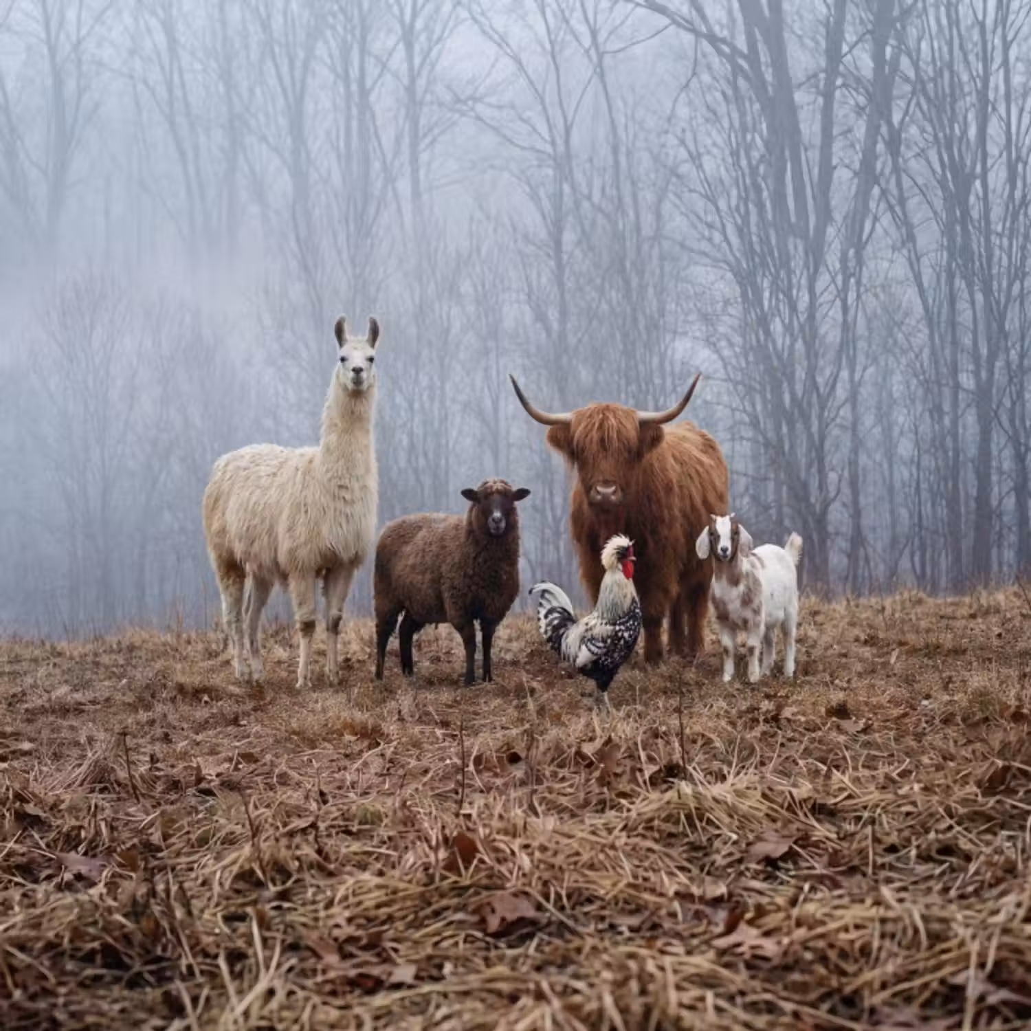 Behang - Boerderijdieren - Groep - Mist - Natuur - Rustiek