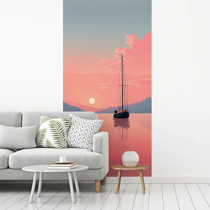 Zeilboot - Roze zee - Zonsondergang - Bergen fotobehang vinyl groot -woonkamer