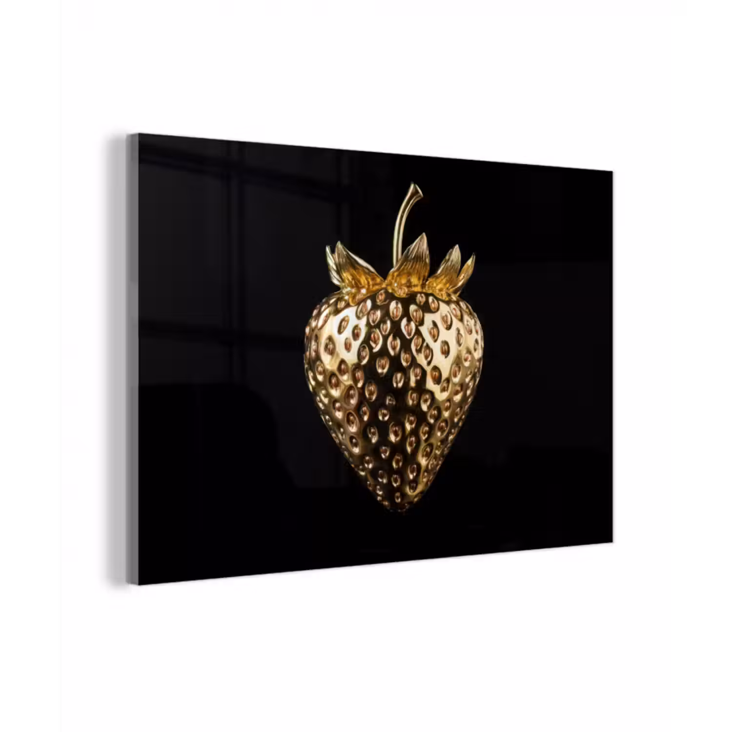 Glas schilderij - Aardbei - Goud - Zwart - Chrome