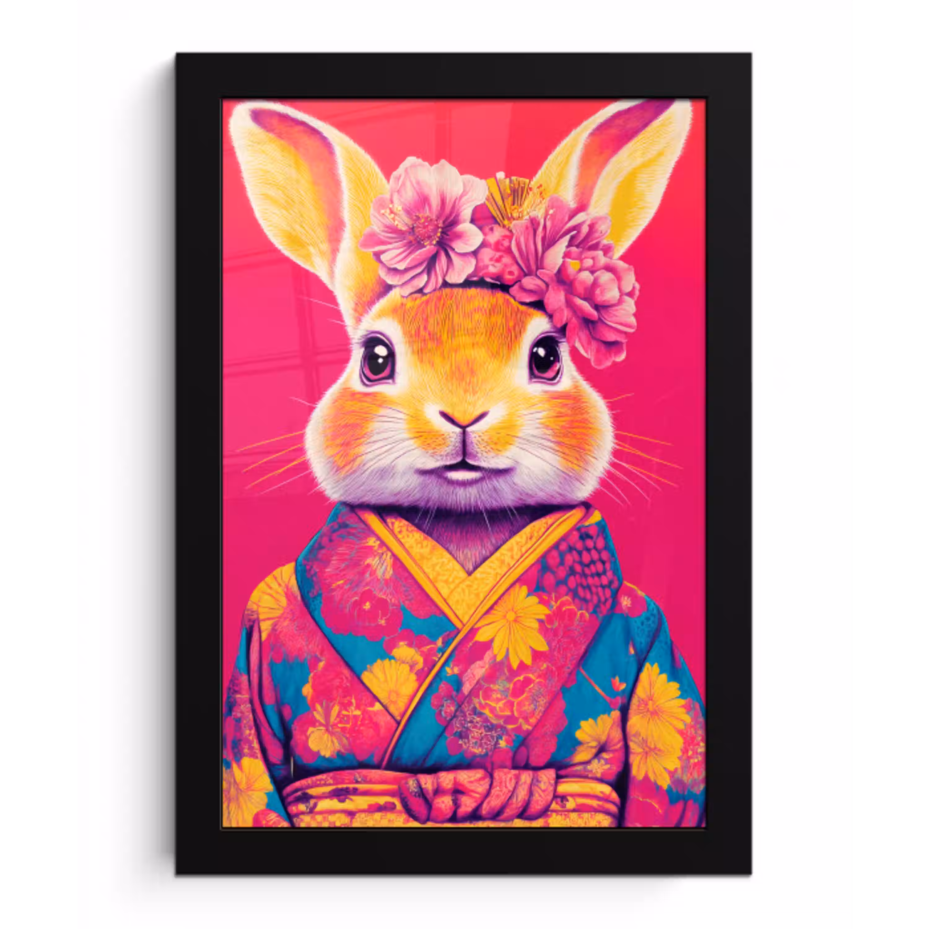 Konijn - Bloemen - Kleurrijk - Kimono fotolijst zwart zonder passe partout klein -3d