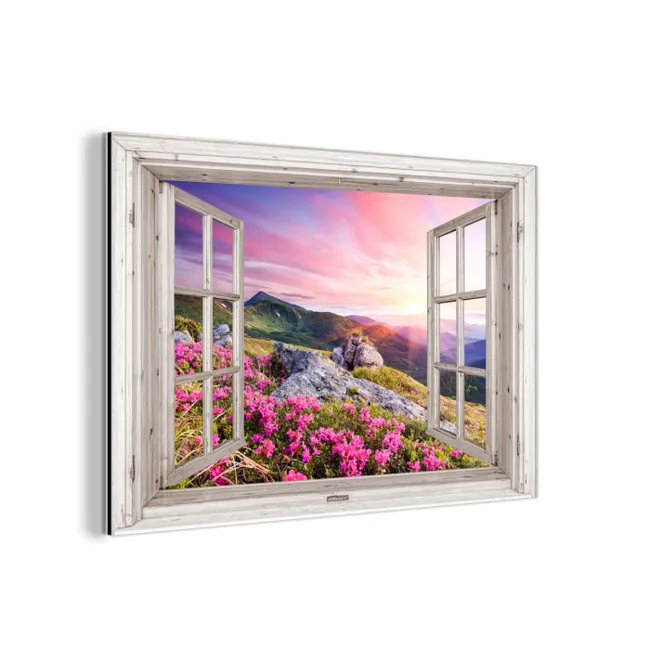 Bergen - Landschap - Doorkijk - Bloemen - Avond - Roze aluminium wit klein -3d