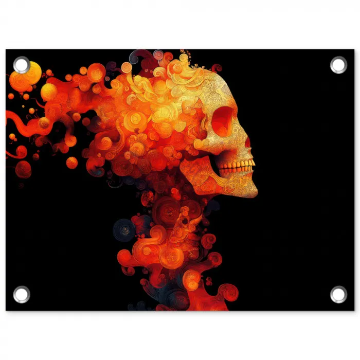 Schedel - Oranje - Zijaanzicht - Vlammen tuinposter los doek klein -3d