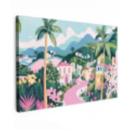 Kleurrijk - Huizen - Heuvels - Roze Tuinposter op houten frame 2 cm dik klein -3d