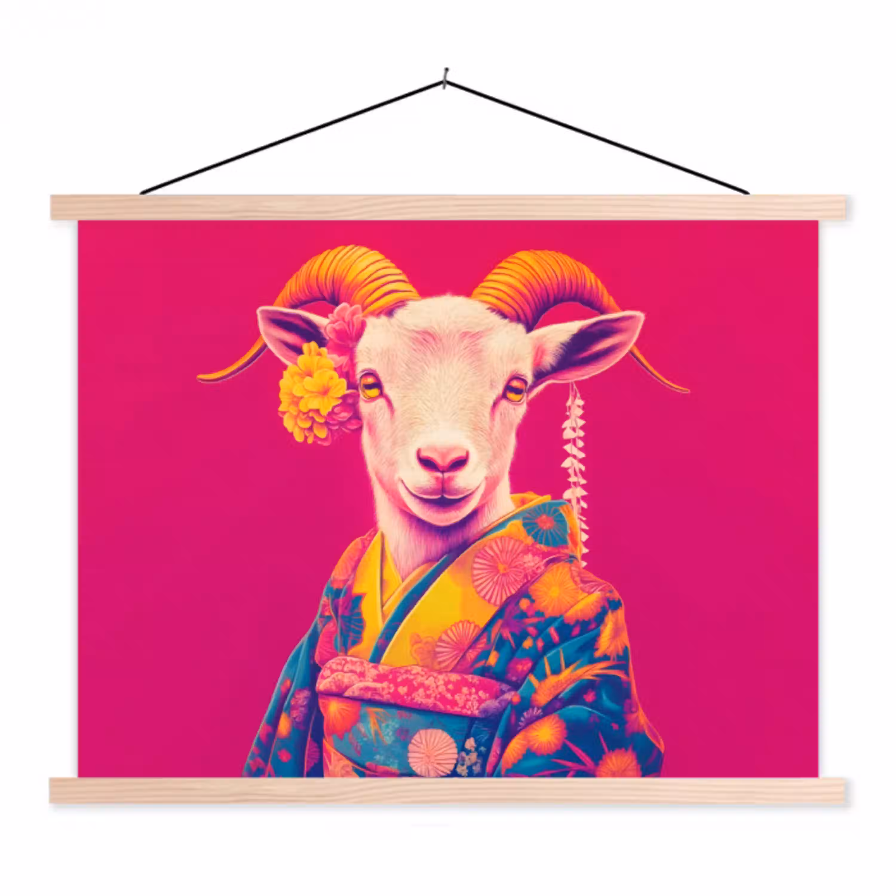 Geit - Hoorns - Kimono - Kleurrijk textielposter latten blank klein -3d