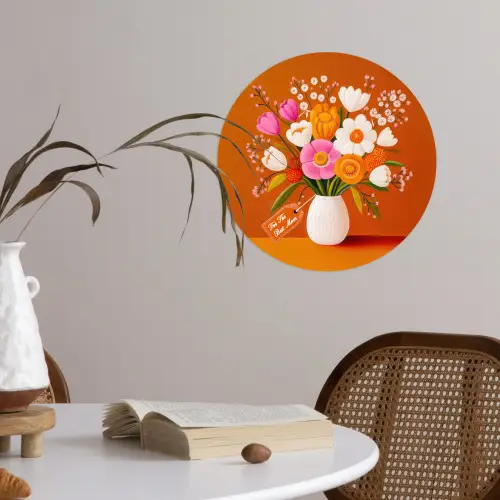 Vaas - Bloemen - Oranje Wandcirkel behangsticker klein -sfeer3
