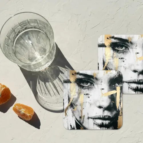 Portret - Vrouw - Penseelstreken - Goud onderzetter kurk middel -sfeer4