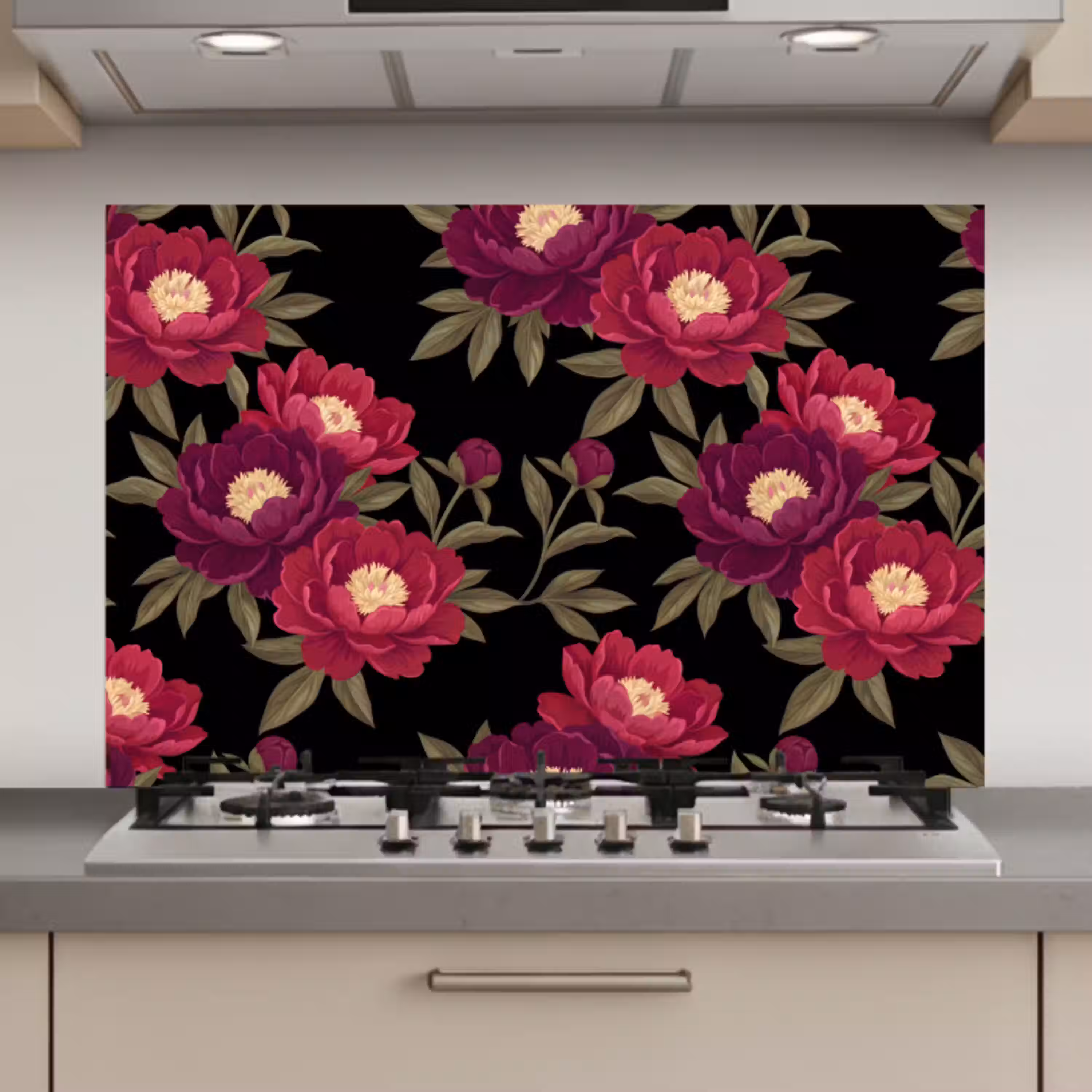 Bloemen - Patroon - Botanisch - Rood - Zwart keuken achterwand spatscherm klein -3d_website