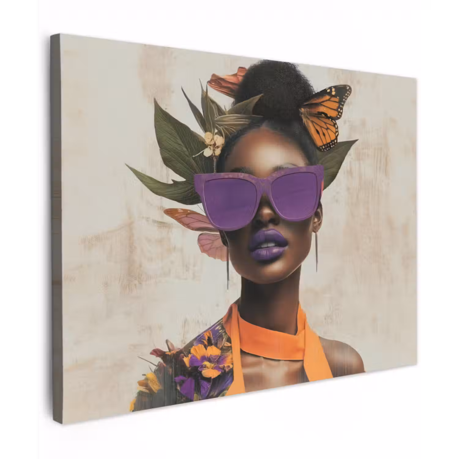 Canvas schilderij - Vrouw - Zonnebril - Vlinder - Bloemen