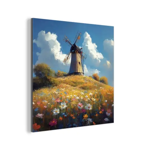 Windmolen - Heuvel - Bloemen - Kleurrijk aluminium wit klein -3d