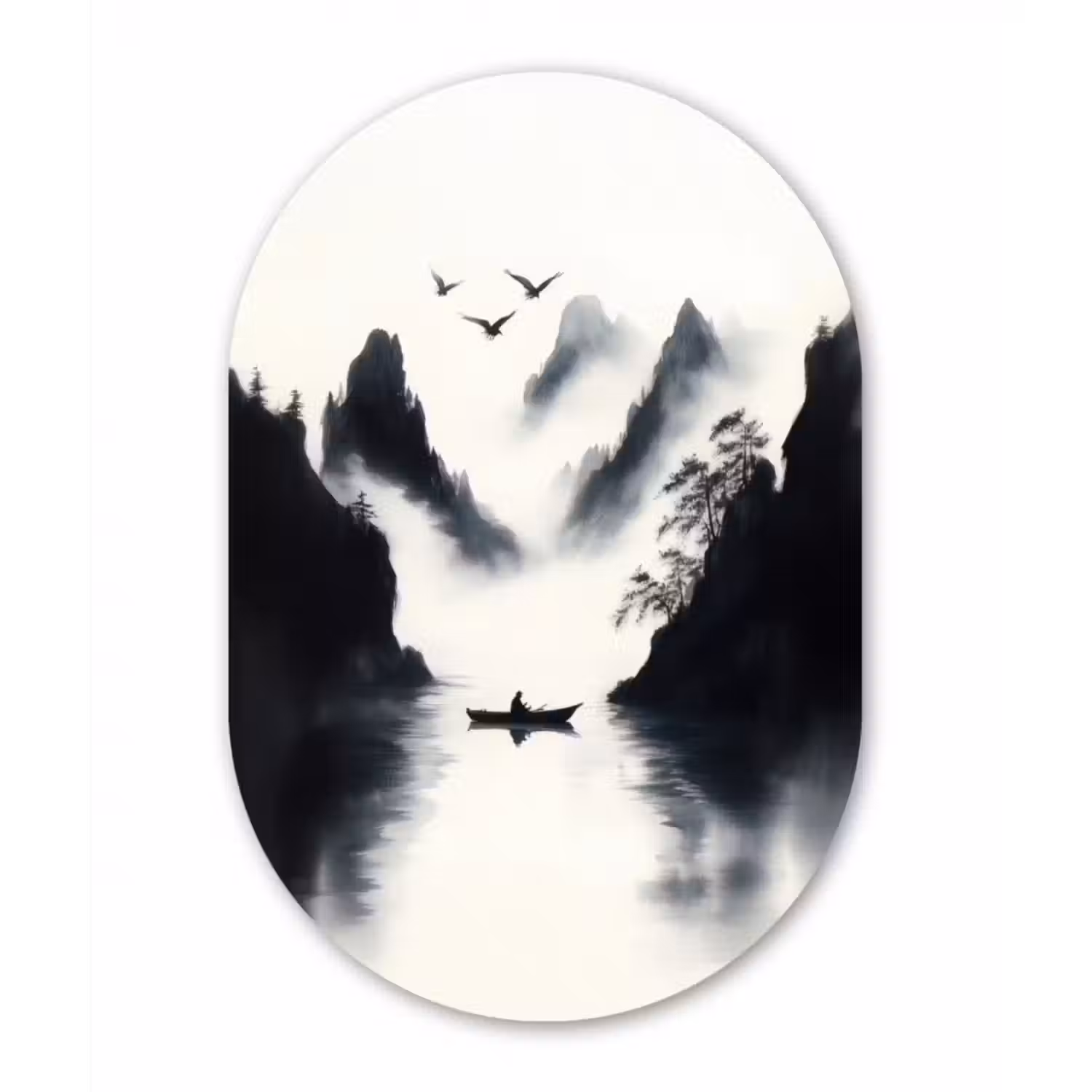 Glasbild Oval - Ruderboot - Neblig - Berge - Vögel