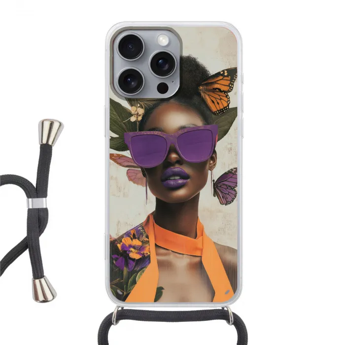 Vrouw - Zonnebril - Vlinder - Bloemen Hoesje iPhone 16 Pro Max met koord klein -3d