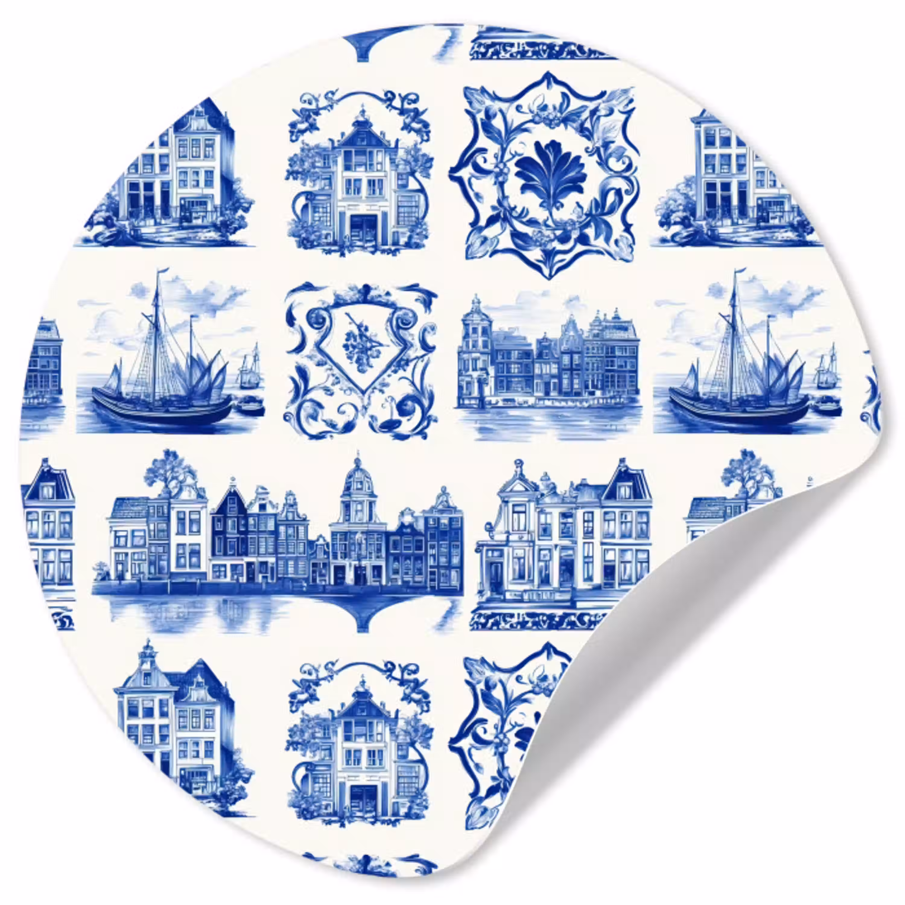 Huizen - Schepen - Blauw Wandcirkel behangsticker klein 186 -3d
