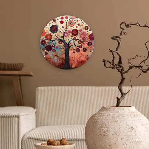 Levensboom - Bloemen - Roze - Hippie - Kunst Wandcirkel kunststof plaat 5mm dik klein -sfeer1