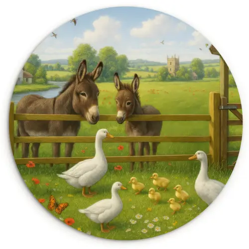 Ezels - Ganzen - Kleurrijk Wandcirkel kunststof plaat 5mm dik klein -3d