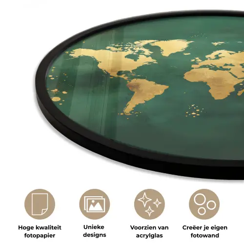 Wereldkaart - Groen - Goud Fotolijst rond zonder passe partout klein -closeup_NL