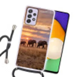 Olifanten - Savanne - Zonsondergang - Afrika - Warm Hoesje Samsung Galaxy A52 5G met koord klein -sfeer1