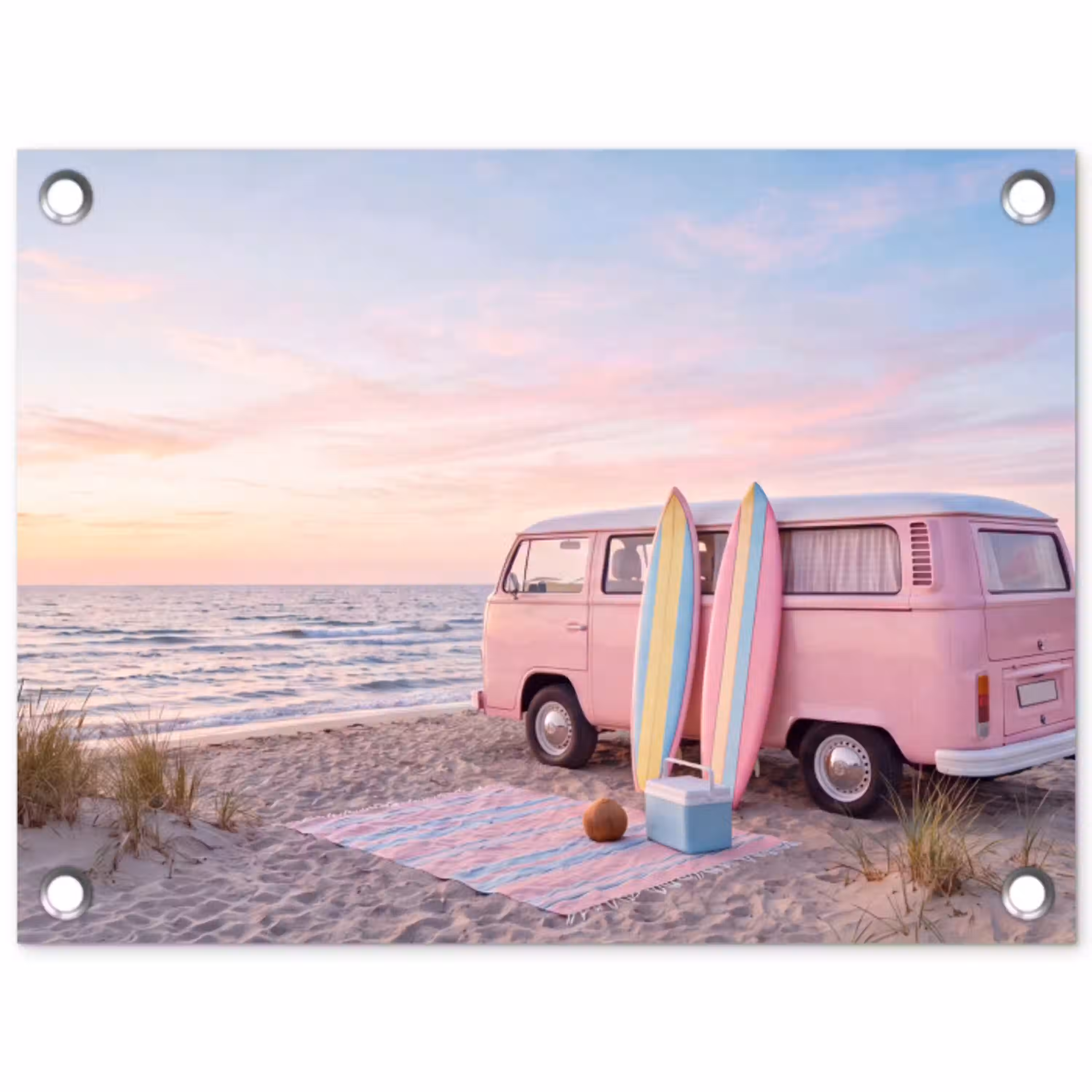 Busje - Strand - Surfplank - Zomer - Roze tuinposter los doek klein -3d