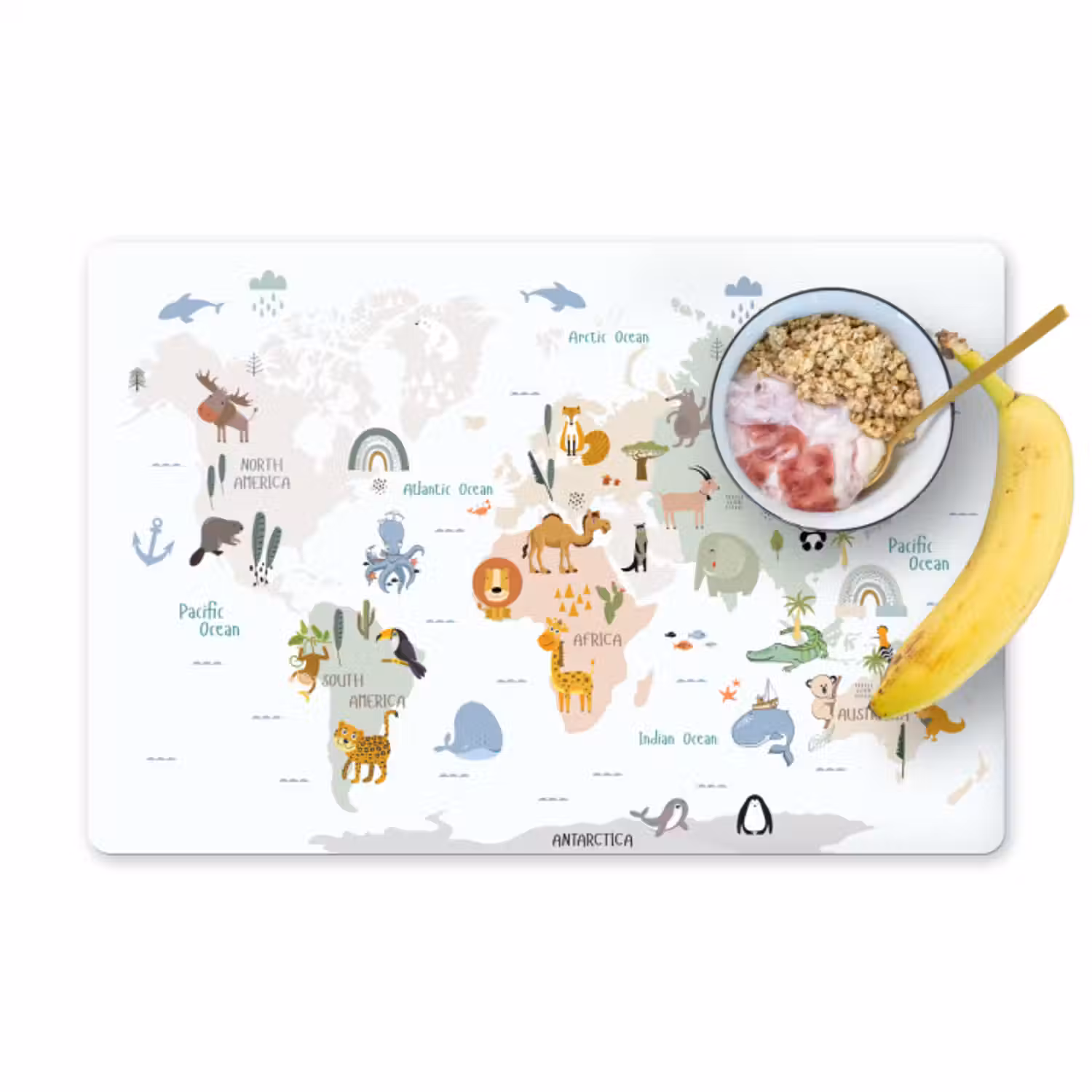 Placemat - 6 stuks - Wereldkaart - Dieren - Kinderen - Pastel