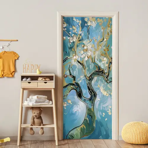 Amandelbloesem boom - Blauw - Abstract deurposter klein -sfeer4