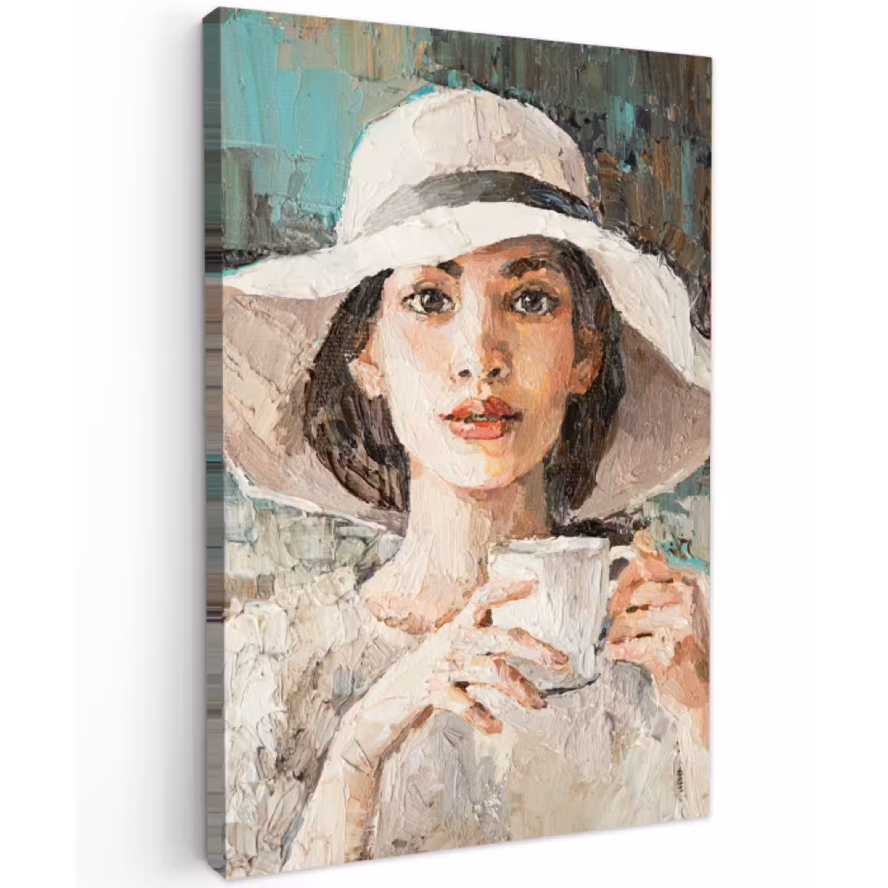 Schilderij - Olieverf - Vrouw - Koffie - Hoed canvas 2cm klein -z3d