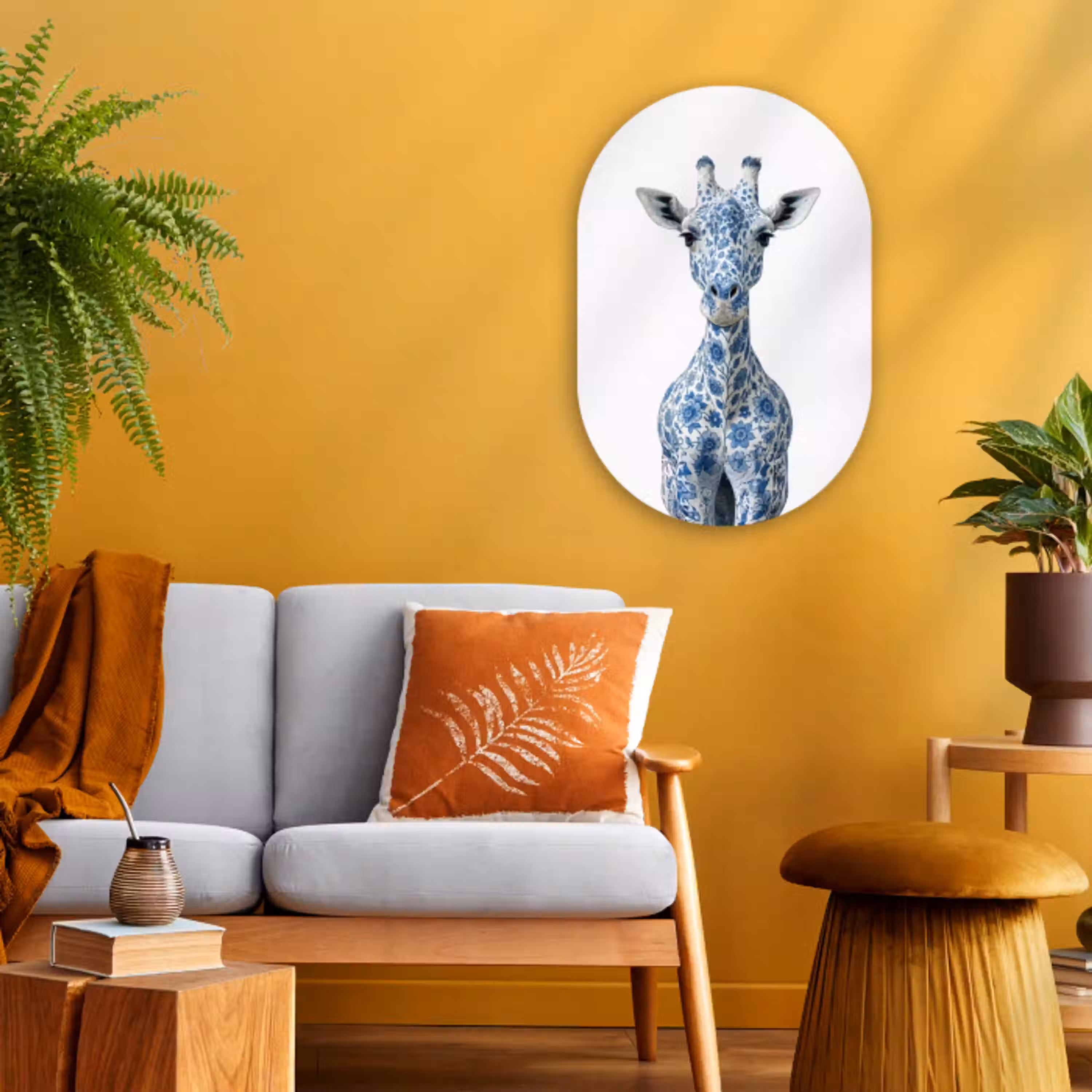 Giraffe - Delfts blauw - Dieren - Minimalistisch Wandcirkel Ovaal Forex klein -sfeer4