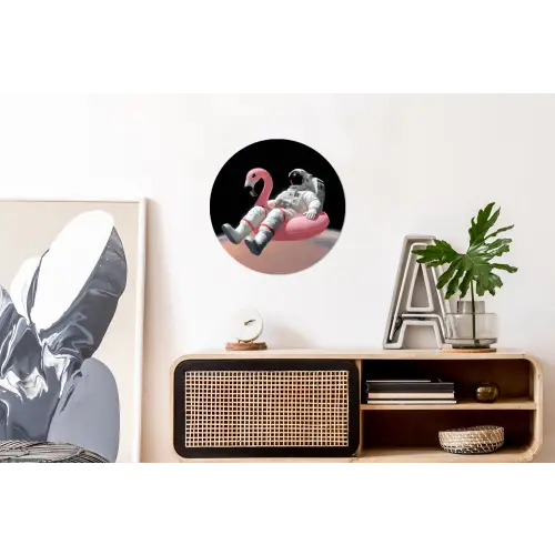 Astronaut - Flamingo - Zwemband - Roze Wandcirkel aluminium klein -kantoor