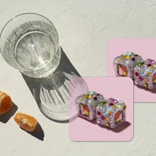 Sushi - Rolletjes - Steentjes - Kleurrijk onderzetter kurk middel -sfeer4