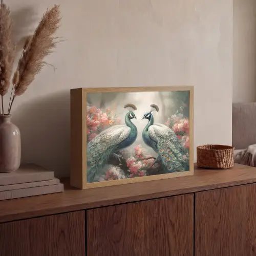 Pauwen - Pauwenveren - Vogels - Bloemen - Natuur Light Box met batterij (Wandlamp) middel -sfeer2