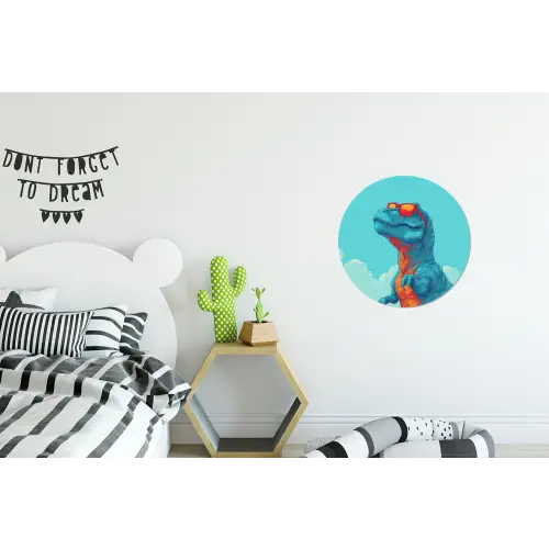 T-Rex - Blauw - Wolken - Zonnebril Wandcirkel aluminium klein -kinderkamer