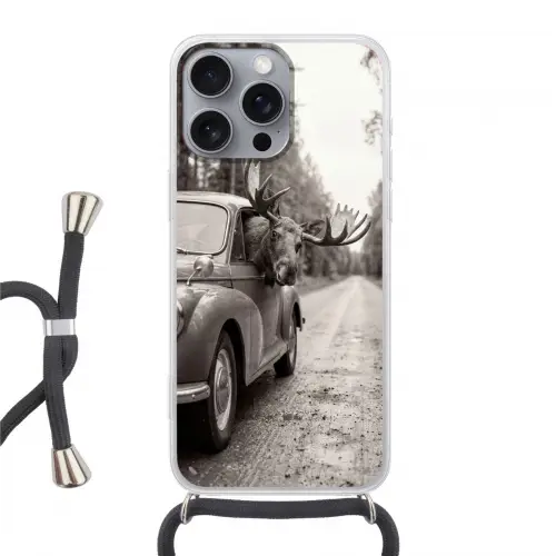 Eland - Auto - Gewei - Zwart - Wit Hoesje iPhone 16 Pro Max met koord klein -3d