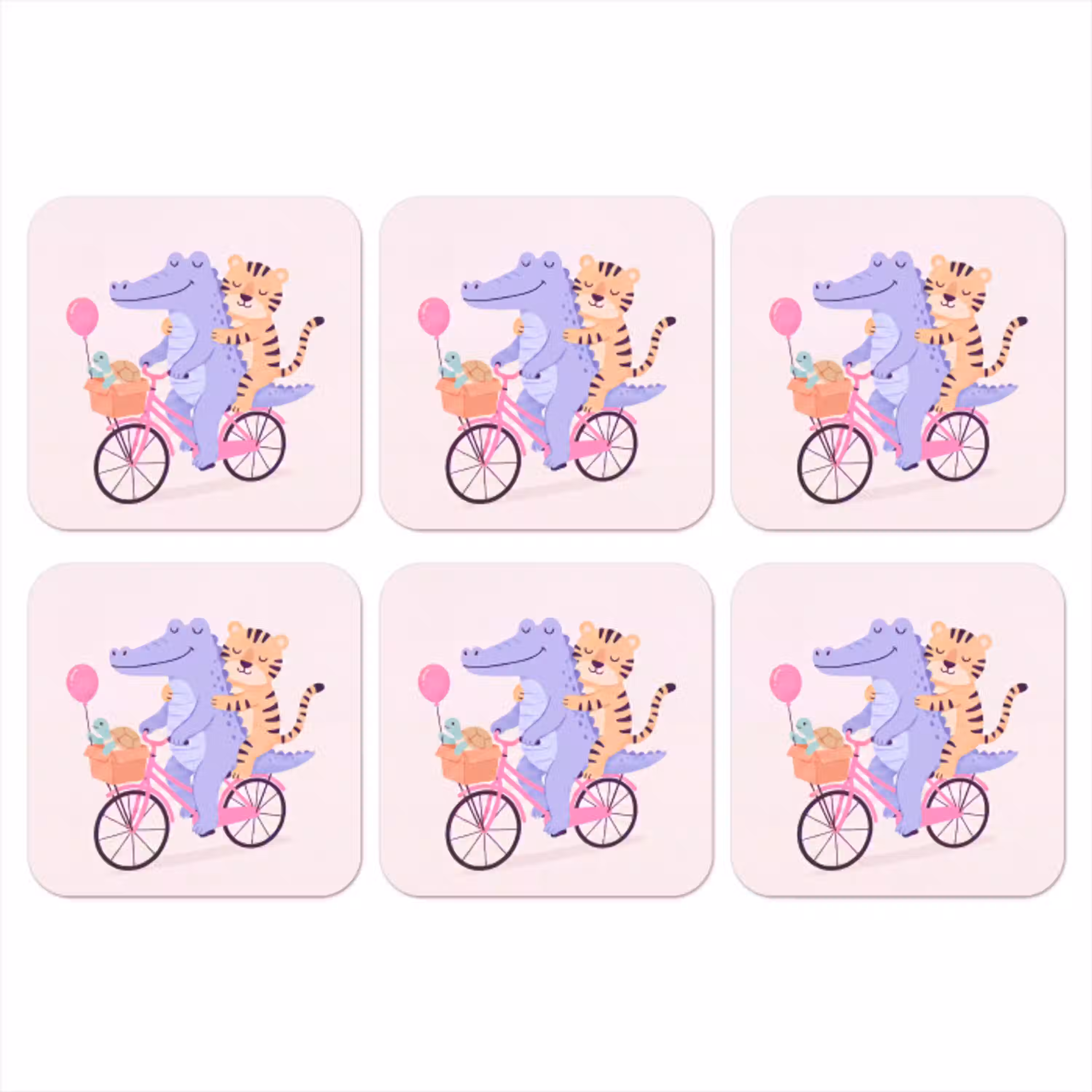 Dieren - Fiets - Vriendschap - Illustratie - Roze onderzetter kurk middel -3d