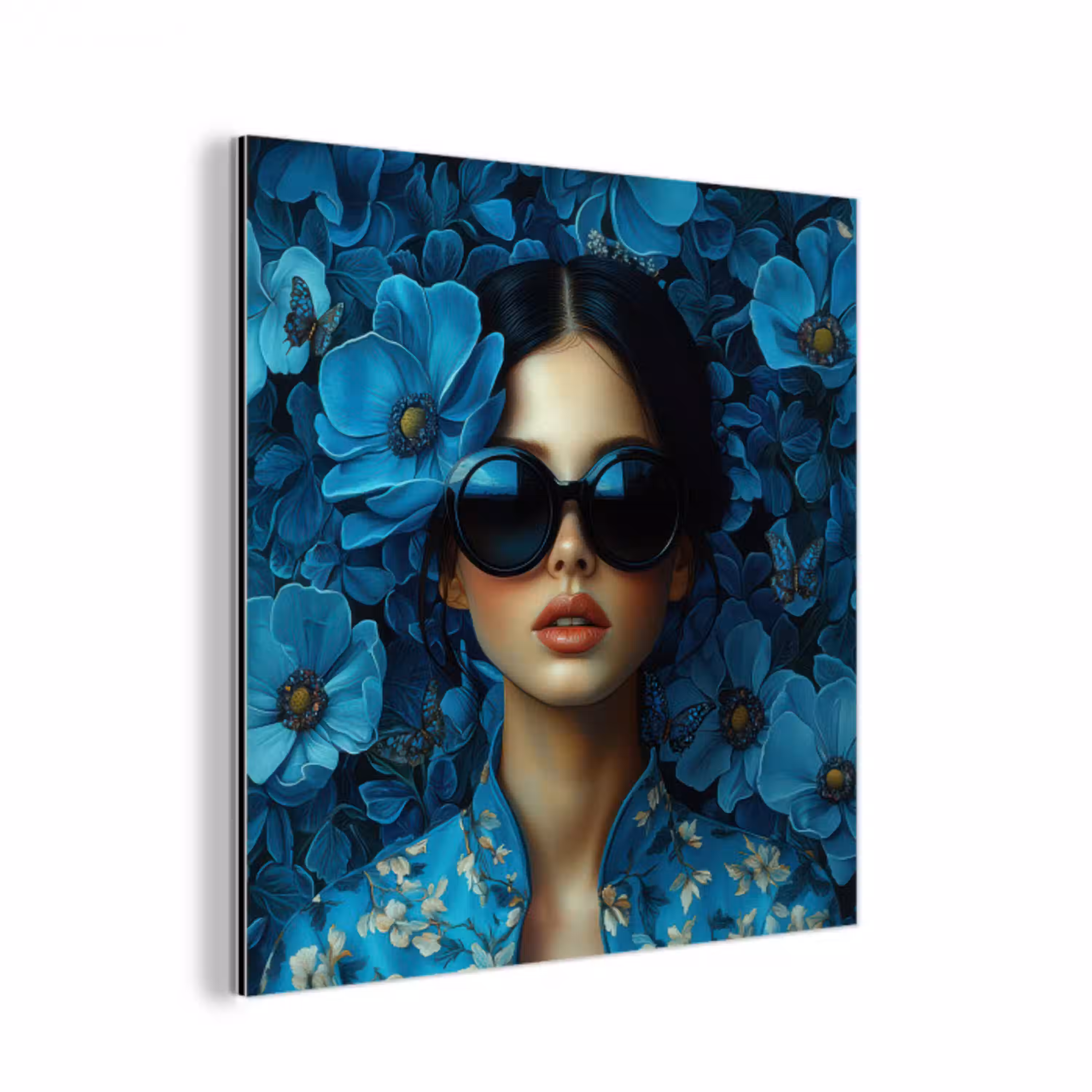 Vrouw - Bloemen - Blauw - Aesthetic - Luxe aluminium wit klein -3d