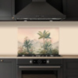 Tropisch landschap - palmbomen - Bloemen - Roze lucht keuken achterwand spatscherm klein -sfeer1