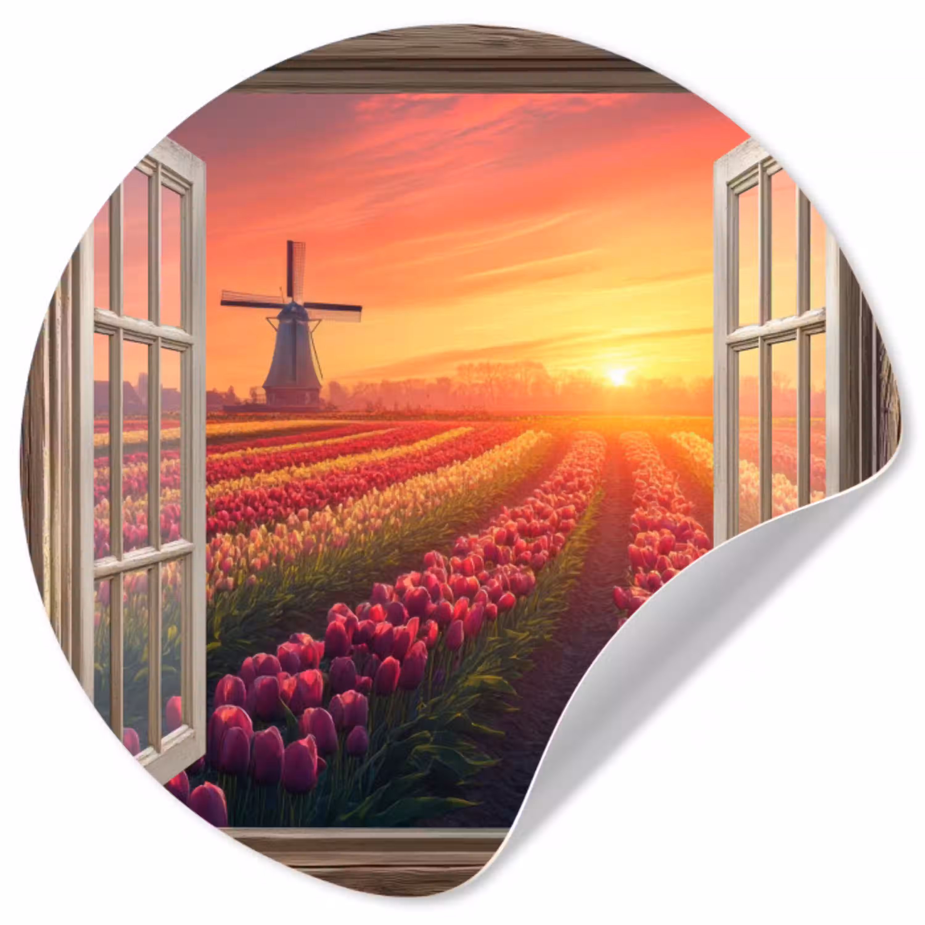 Doorkijk - Tulpen - Zonsondergang - Bloemen - Kleurrijk Wandcirkel behangsticker klein -3d