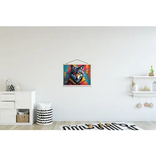 Graffiti - Wolf - Street art - Blauw textielposter latten blank klein -kinderkamer