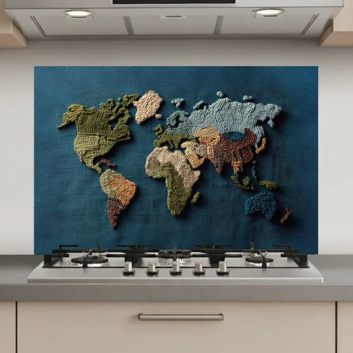 Wereldkaart - Geborduurd - Verschillende tinten keuken achterwand spatscherm klein -3d_website