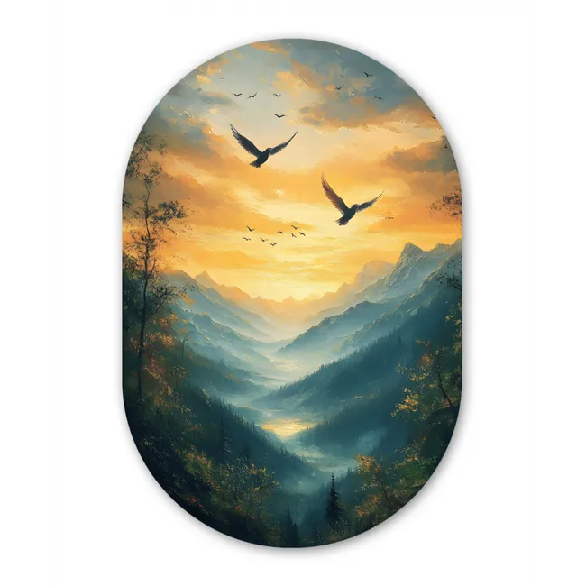 Vogels - Zon - Bomen - Groen Wandcirkel Ovaal Glas middel -3d