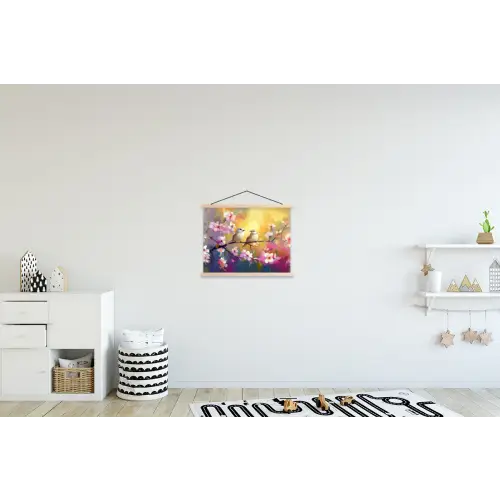 Vogels - Bloemen - Roze textielposter latten blank klein -kinderkamer