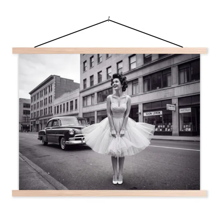 Retro - Vrouw - Zwart - Wit textielposter latten blank klein -3d