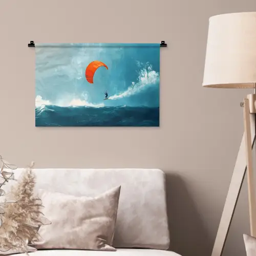Kitesurfer - Oranje - Zee - Lucht Wandkleed katoen klein -sfeer4