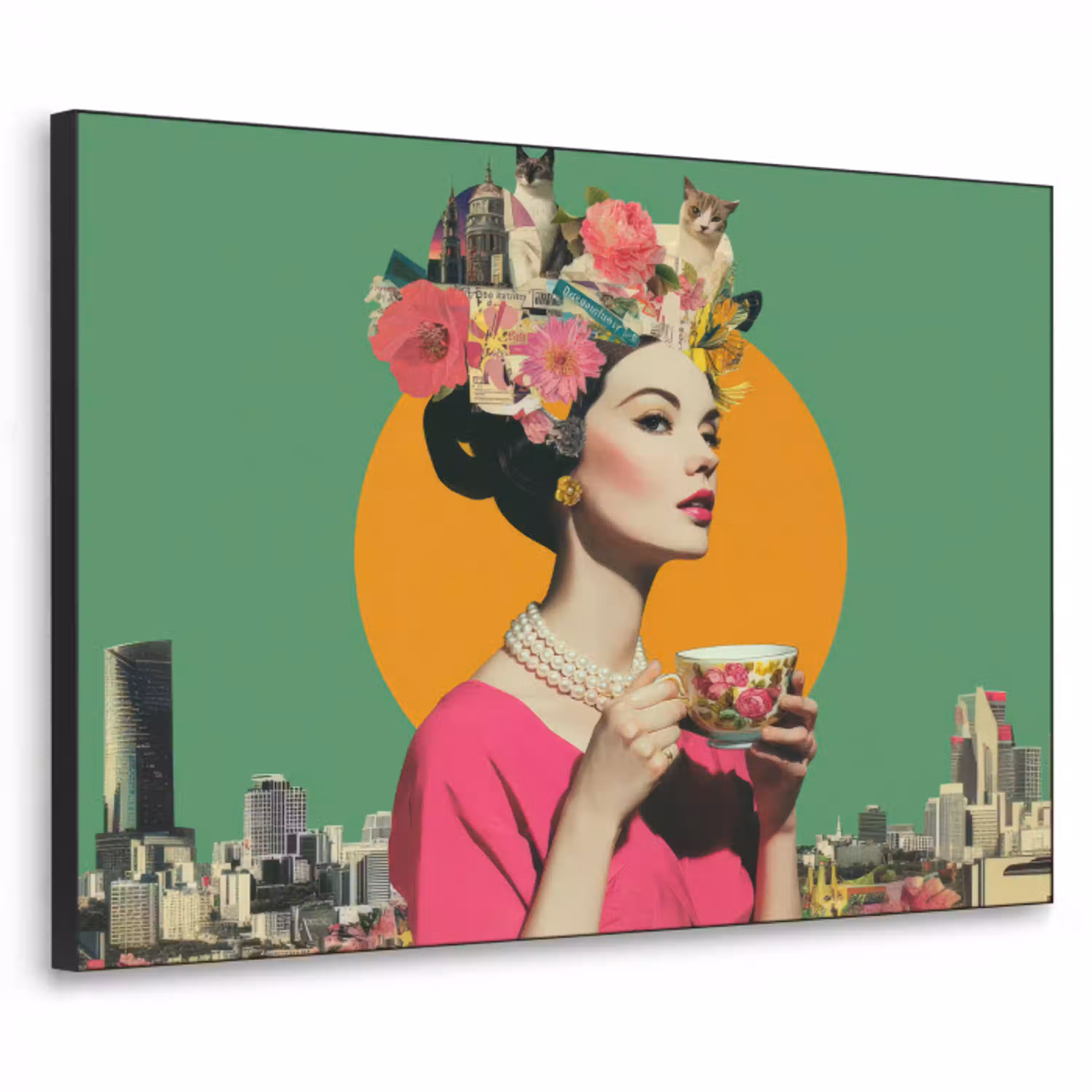 Retro - Vrouw - Stad - Zon Textielframe - compleet frame klein -3d