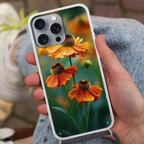 Oranje bloemen - Levendig - Wazige achtergrond Hoesje iPhone 16 Pro Max met koord klein -sfeer3
