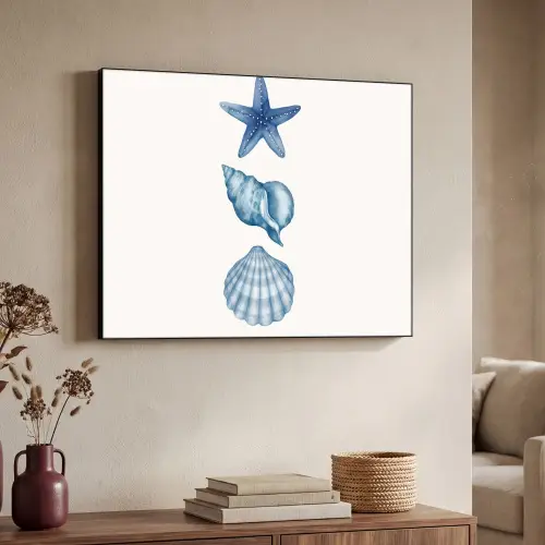 Zeester - Schelpen - Blauw Textielframe zwart klein -sfeer3