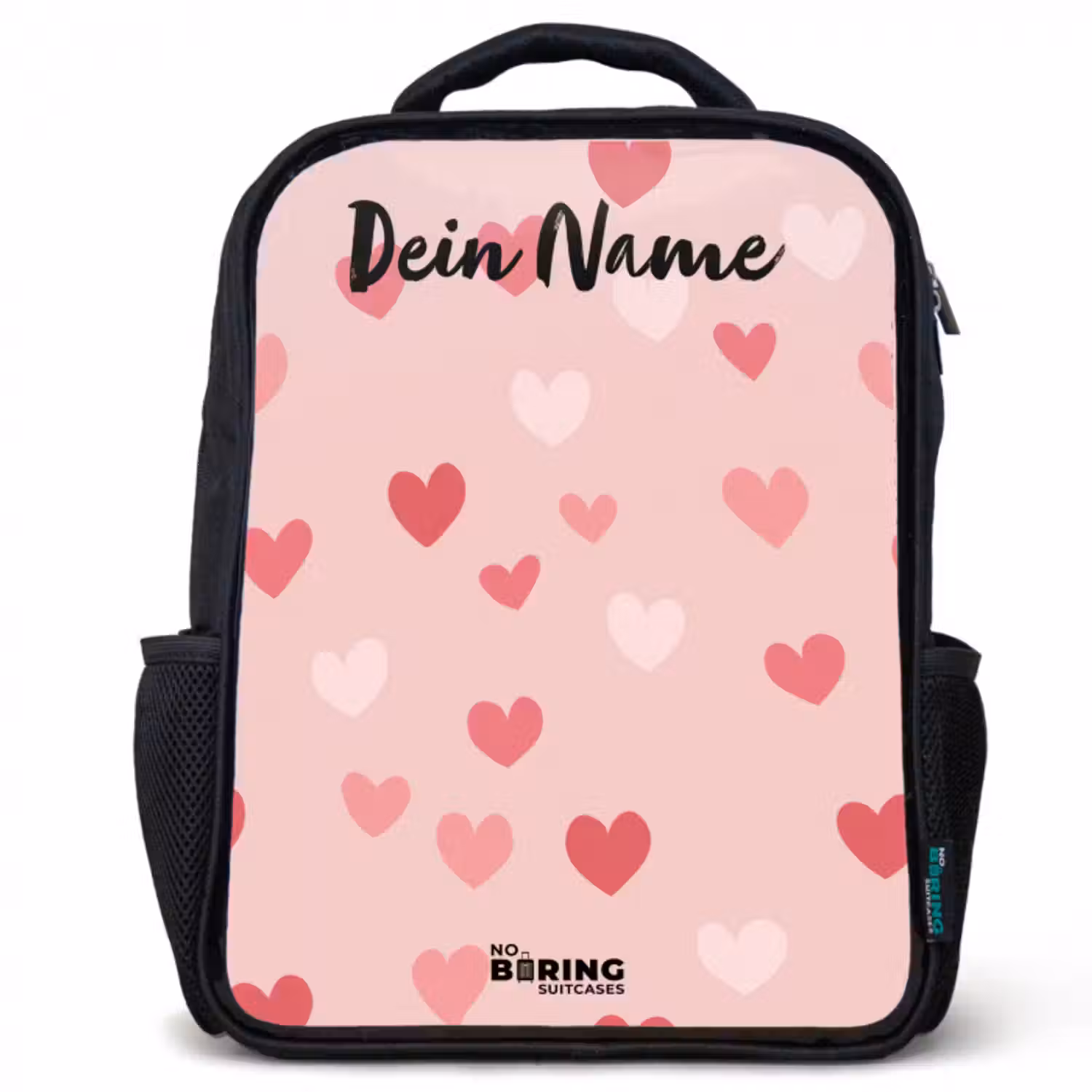 Kinderrucksack mit Namen - Schwarz - Herzen - Muster - Rosa