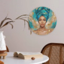 Portret - Vrouw - Schilderij - Blauw - Goud - Expressief Akoestische PET Vilt - Rond klein -sfeer3