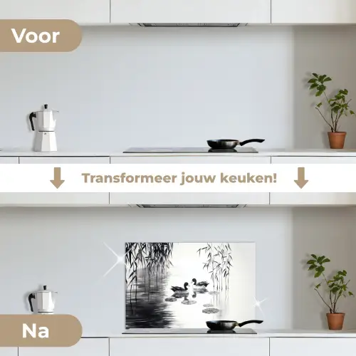 Eenden - Waterlelies - Riet - Zwart keuken achterwand spatscherm klein -voor_na_NL
