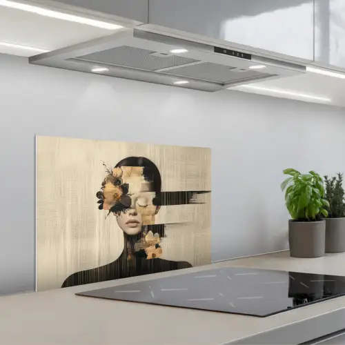 Gezicht - Bloemen - Zwart - Vrouw keuken achterwand spatscherm klein -3d_schuin